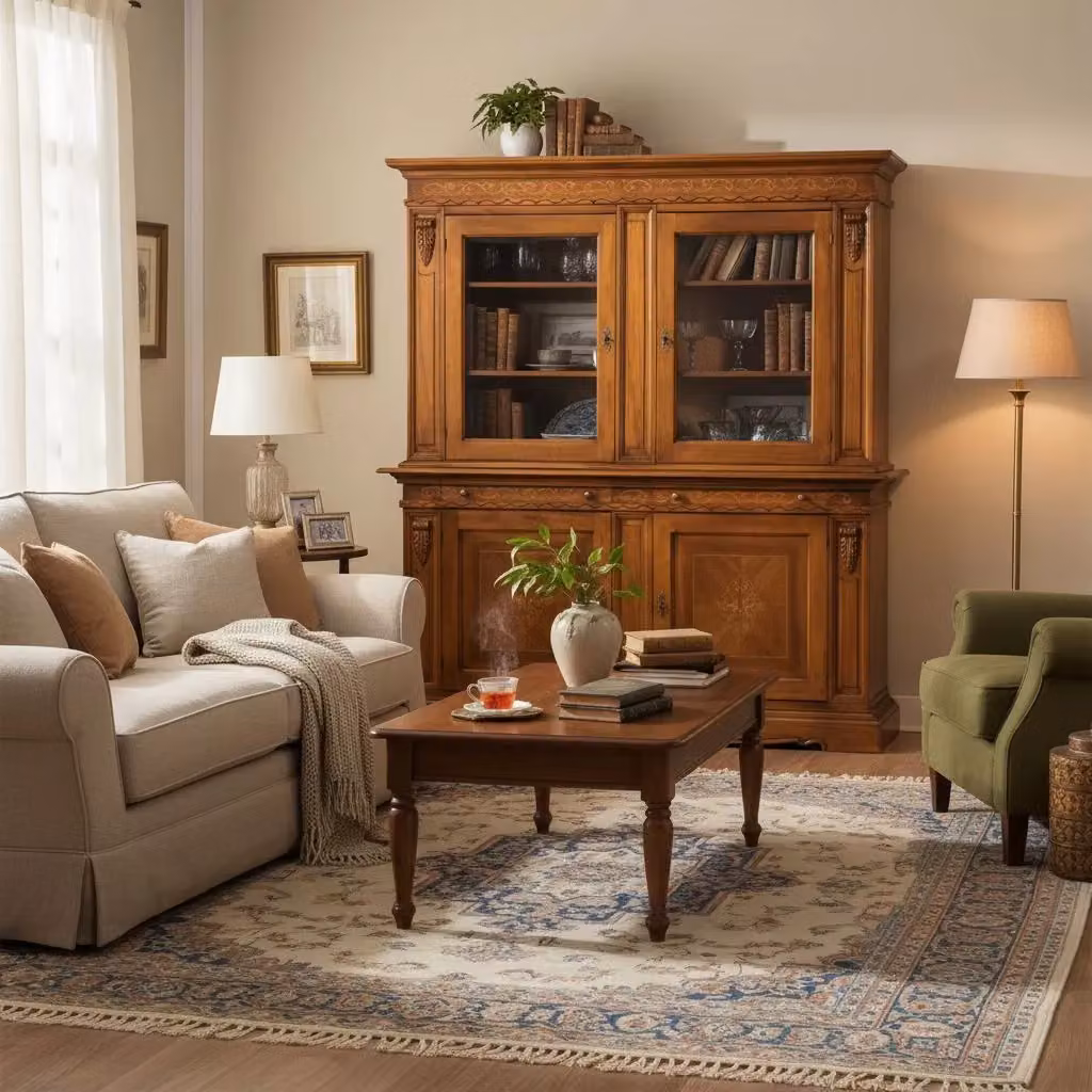 Cristalliera a 4 porte con ante in vetro e intarsi in legno Mobili 2G colore marrone L: 214 cm, P: 55 cm, H: 230 cm – 2