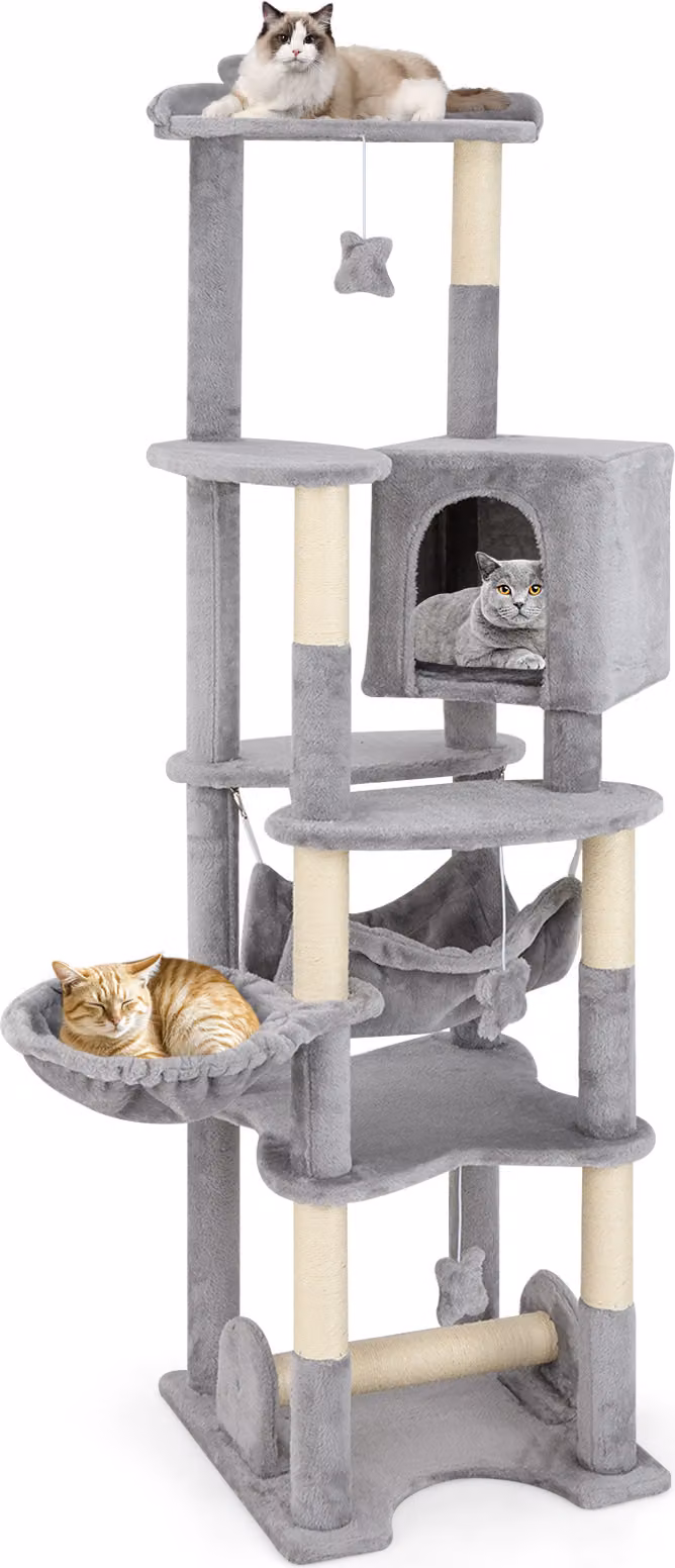 Tiragraffi in legno COSTWAY 176 cm, tiragraffi per gatti grande, albero per gatti con grotta, letto a cesto, amaca, paletti in sisal, piattaforme e giocattoli per gatti grigio