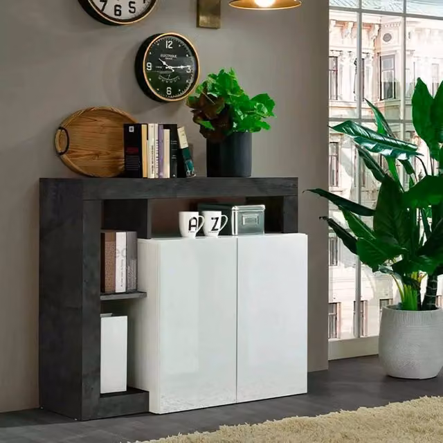 Madia Atlantica DMORA, Credenza moderna con 3 ripiani in bianco lucido, L: 108 cm, P: 42 cm, H: 93 cm
