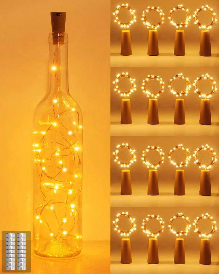 Catena luminosa a LED per bottiglie, 2 metri, 20 LED bianco caldo, confezione da 16 pezzi, alimentata a batteria