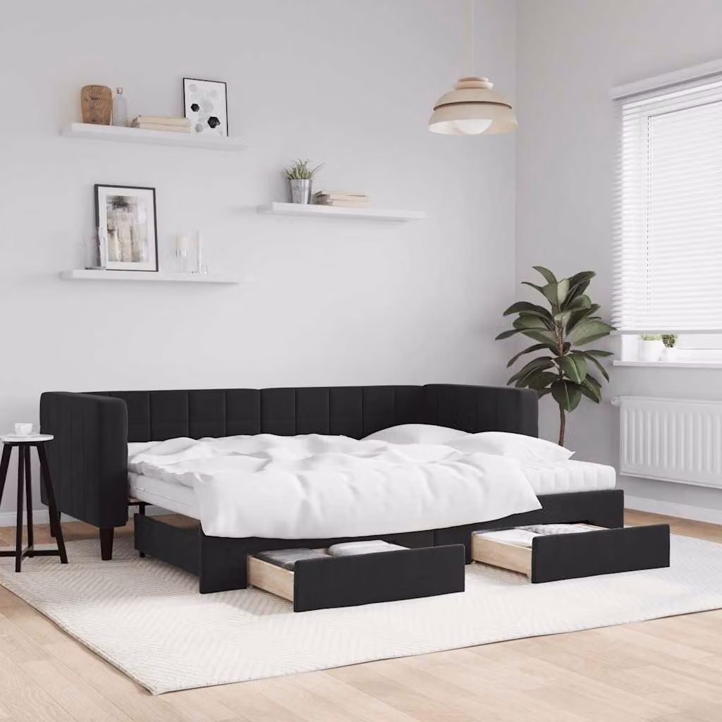 vidaXL Divano Letto Estraibile con Cassetti in Velluto Nero L/P/H: 223 x 80 x 90 cm