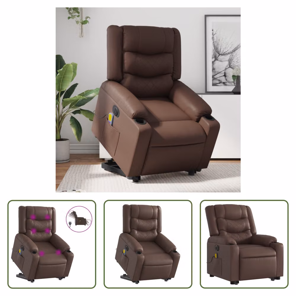 The Living Store Sedia massaggiante con supporto in piedi elettrica in ecopelle marrone