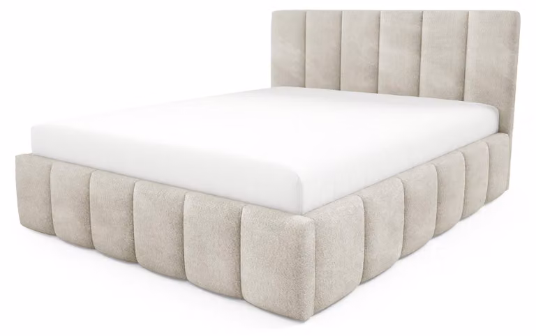 Letto imbottito con contenitore integrato, modello Nerom, color sabbia, dimensioni 160 x 200 cm