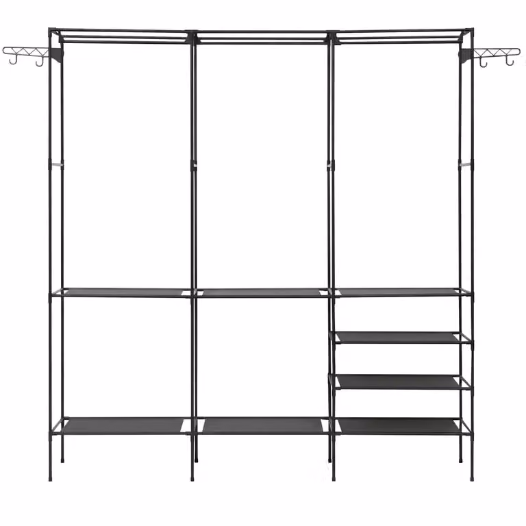 VESTIAMO CASA Stand Appendiabiti Multifunzione in Metallo Nero Opaco con 4 Ganci e Stendibiancheria - H: 170 cm, L: 160 cm, P: 36 cm