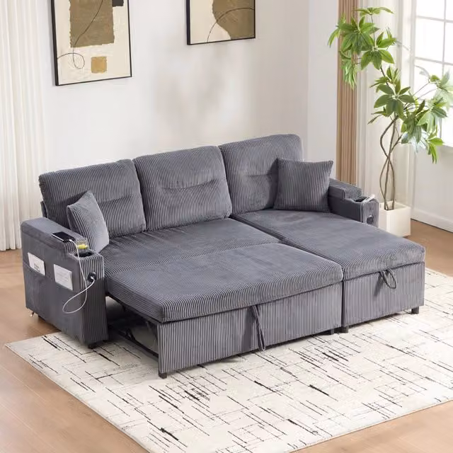 Divano 3 posti 212,5x136x86 cm grigio carbone in velluto a coste con letto
