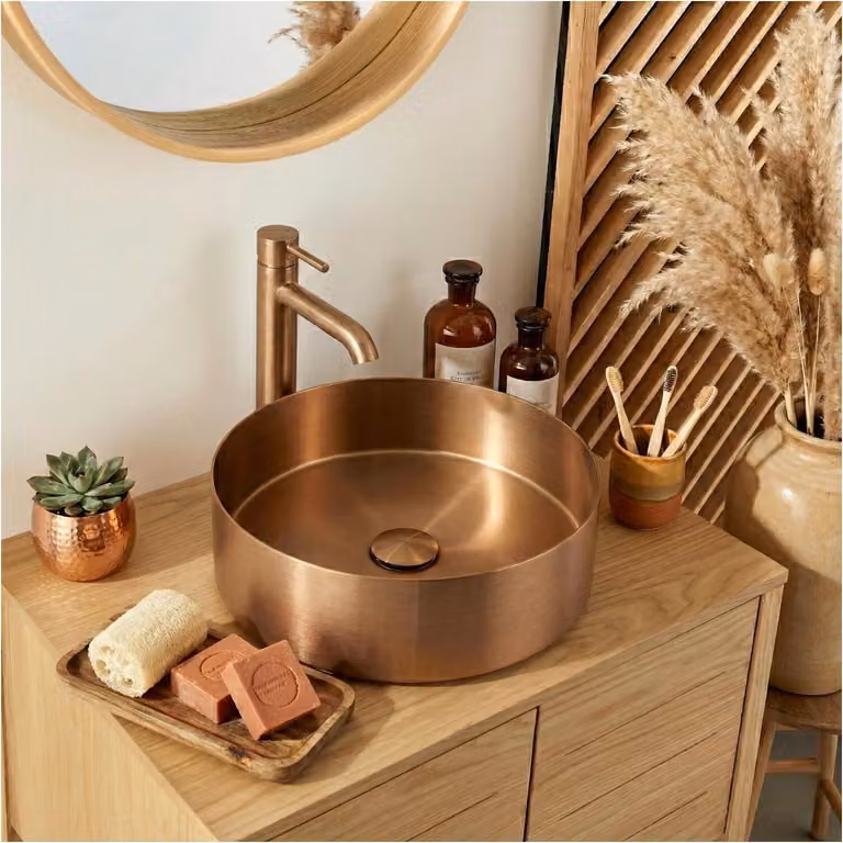 Lavabo da appoggio rotondo in acciaio inox nero, 36 cm, con piletta di scarico abbinata