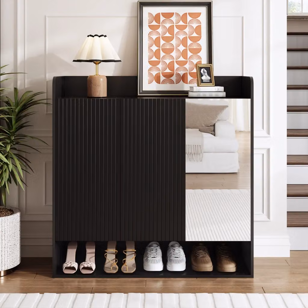 Armadietto porta scarpe Zephmum con specchio nero opaco e design a strisce verticali L/P/H: 110 x 35,5 x 35,5 cm – 2