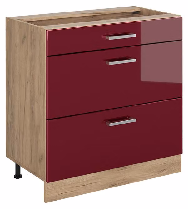 Mobiletto base per cucina Vicco R-Line Rosso lucido/Rovere dorato 80 cm con 3 cassetti senza piano di lavoro, Model 72447