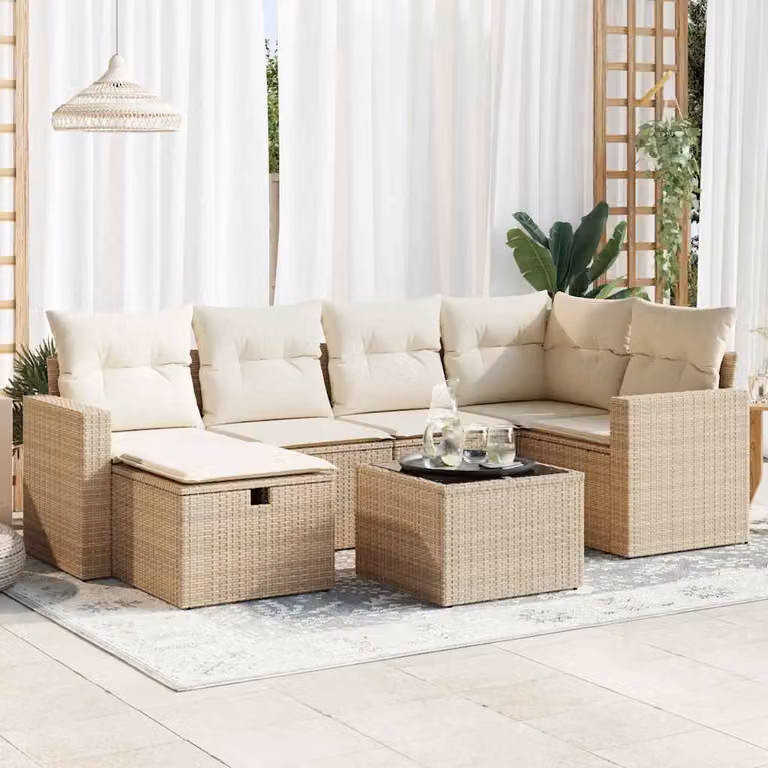 Set Divani da Giardino vidaXL 7 pz in Polyrattan Beige con Cuscini e Tavolino da Esterno