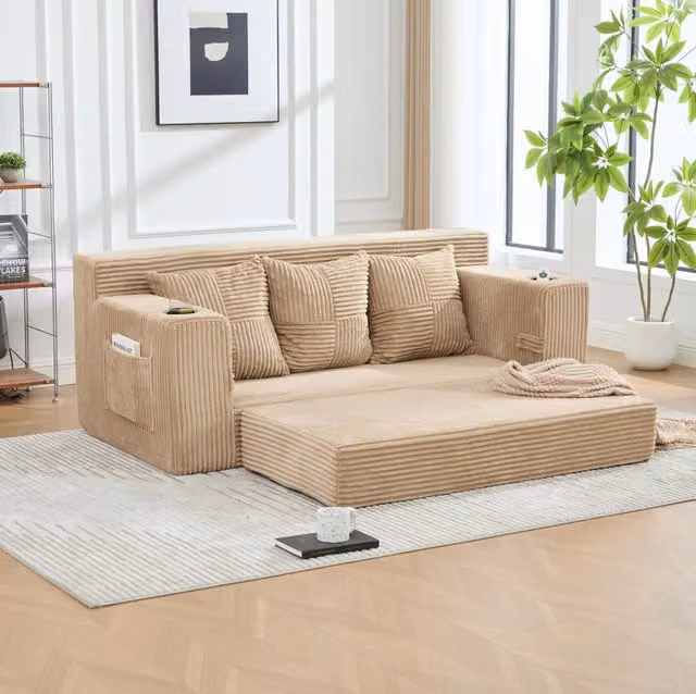 Divano modulare a 2 posti in velluto a coste color khaki; con portabicchieri e tasche laterali; 172 x 87 x 64 cm
