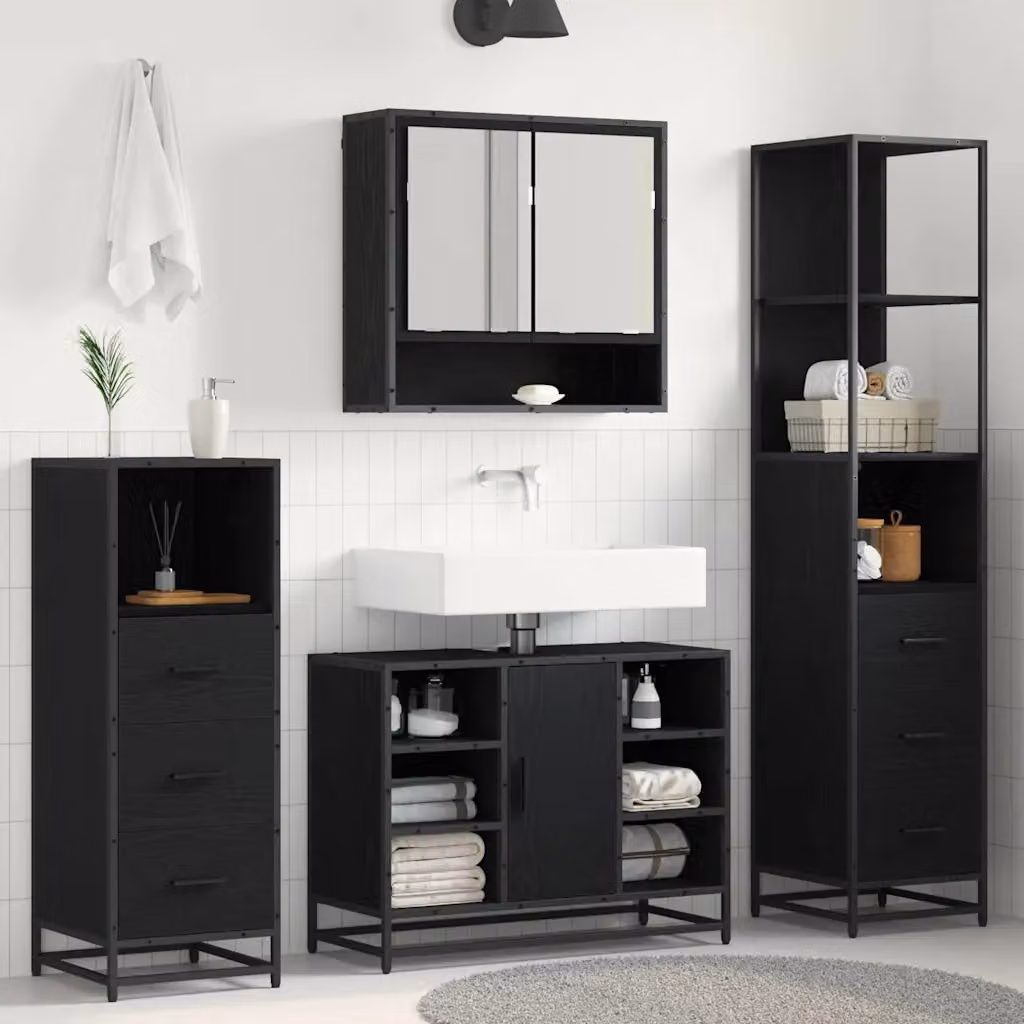 Set di mobili per il bagno moderno vidaXL 3 pezzi in rovere e nero con armadietto a specchio, mobile lavabo e colonna alta – 1