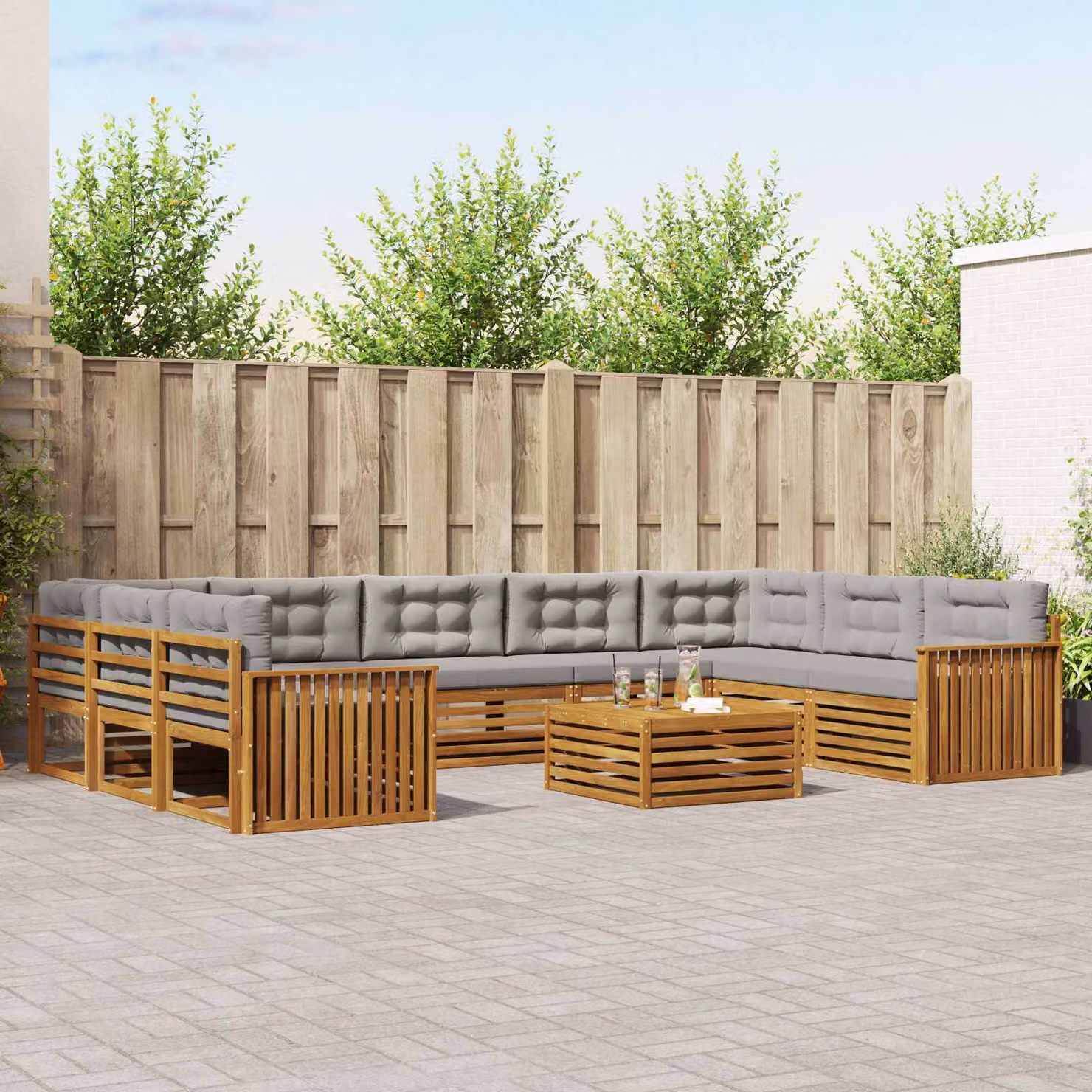 Set di divani da esterno vidaXL a forma di U in legno di acacia con cuscini e tavolino da caffè, 10 pezzi, Grigio