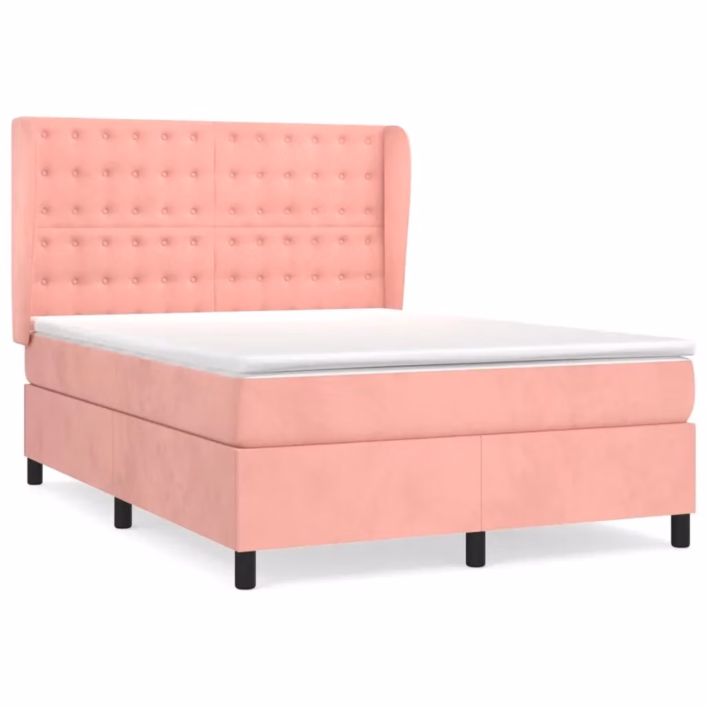 vidaXL Giroletto a Molle con Materasso Ibrido in Velluto Rosa e Bianco L/P/H: 190 x 140 x 128 cm – 2