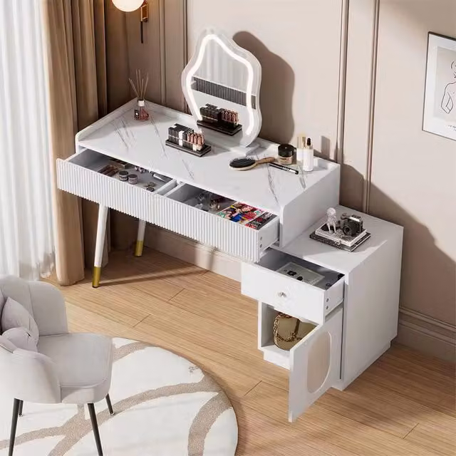 Toeletta FOLYNA bianca con LED touch, 2 cassetti e armadietto, L: 100 cm, P: 40 cm, H: 75 cm – 1