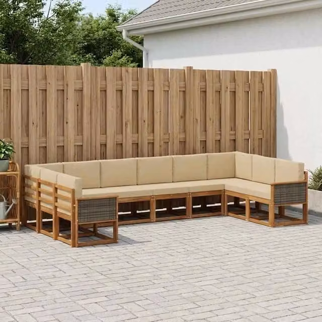 Set di divani da esterno a L vidaXL in legno di acacia con cuscini, beige e marrone – 1