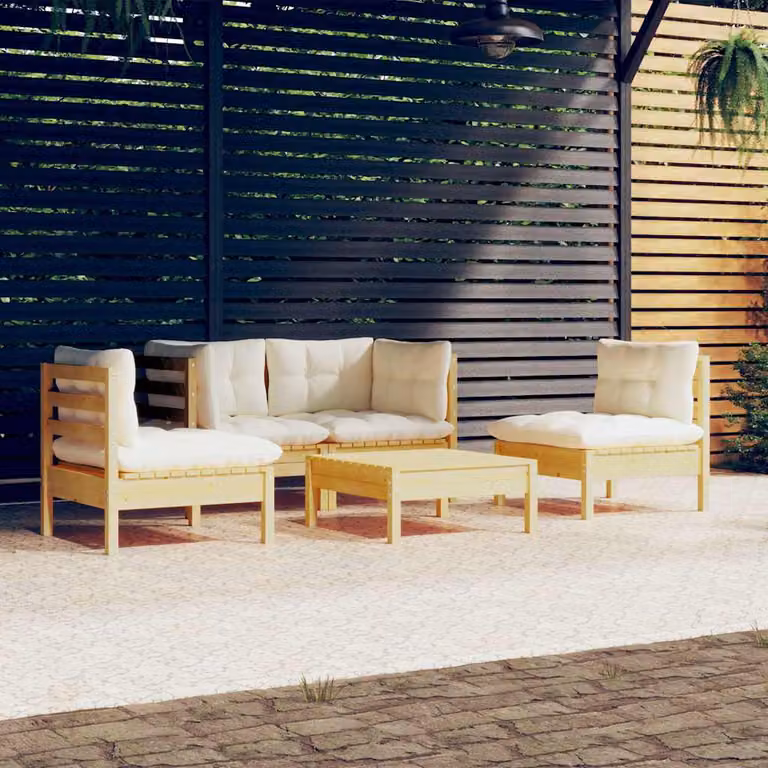 Set Divani da Giardino vidaXL 5 pz in Legno di Pino con Cuscini Beige e Ottoman a Forma di L