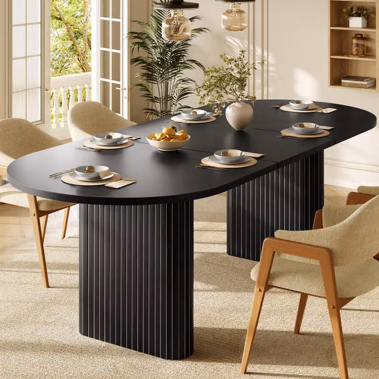 Tavolo da pranzo estendibile Flieks, 120-160 cm, tavolo ovale in legno con struttura verticale, capacità di carico fino a 60 kg, dimensioni: 120-160 x 80 x 75,5 cm, colore nero