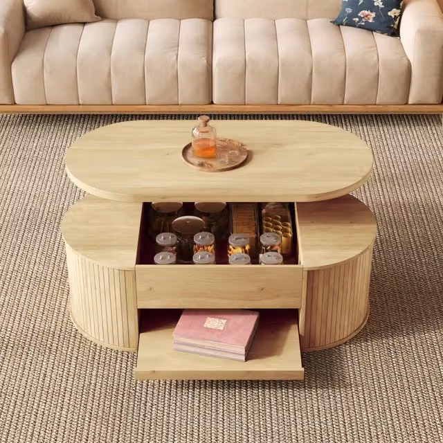 Tavolo da caffè alzabile REDOM beige con ripiano estraibile e design moderno L: 110 cm, P: 55,5 cm, H: 40 cm