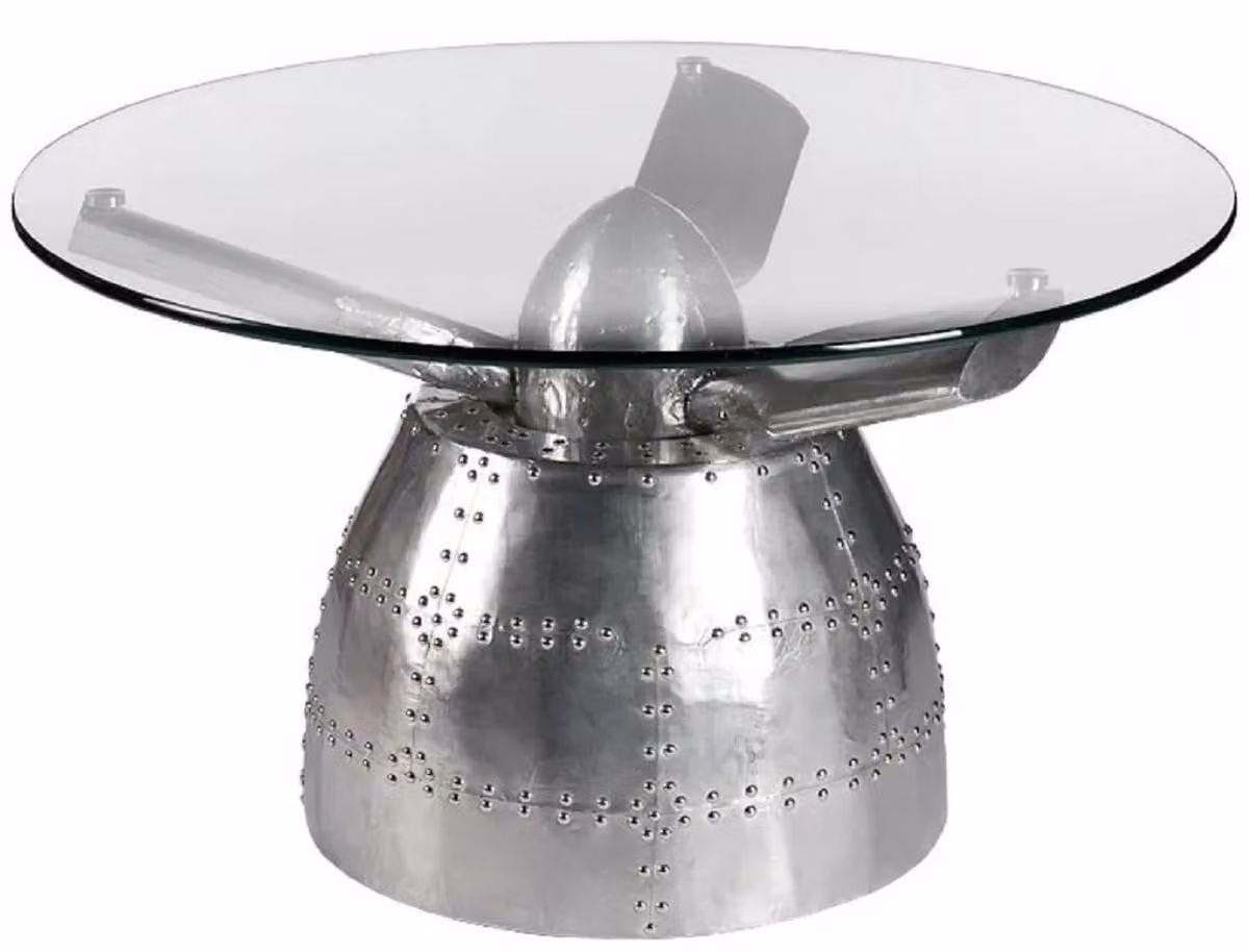 Casa Padrino tavolino elica d'aereo argento Ø 90 x H. 51 cm - Tavolo da salotto rotondo in alluminio con piano in vetro - Mobile aereo in alluminio - Mobile da salotto - Mobili