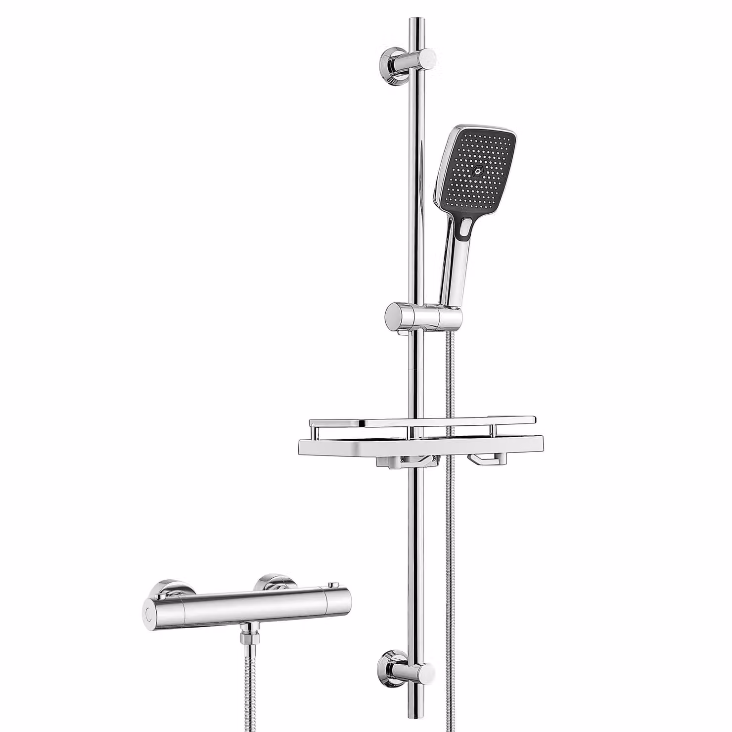 Sistema doccia JOHO in acciaio inossidabile con rubinetteria, set con barra doccia, termostato, doccetta, flessibile e barra doccia da 100 cm con portasapone, cromato