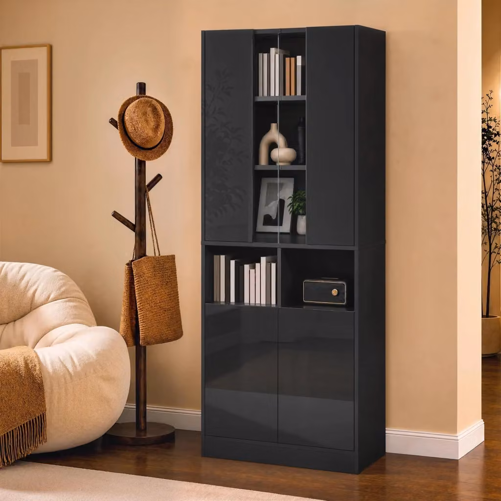 Armadio moderno nero lucido con ante a battente, illuminazione integrata e ripiani interni, H: 180 cm, L: 70 cm, P: 35 cm – 2