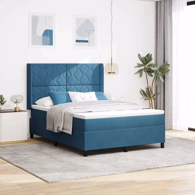 Letto a molle moderno vidaXL in velluto blu con illuminazione LED sottostante L: 160 cm, P: 200 cm
