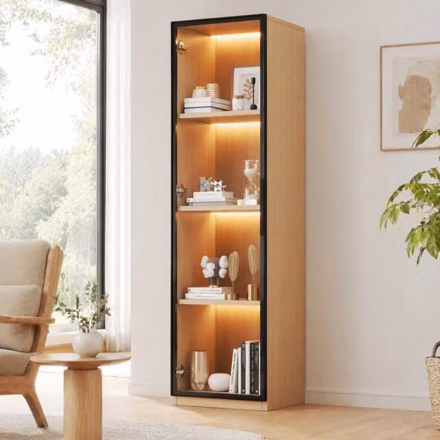 Vetrina alta con anta in vetro temperato e LED multicolore in MDF effetto rovere da soggiorno 40 × 40 × 165 cm