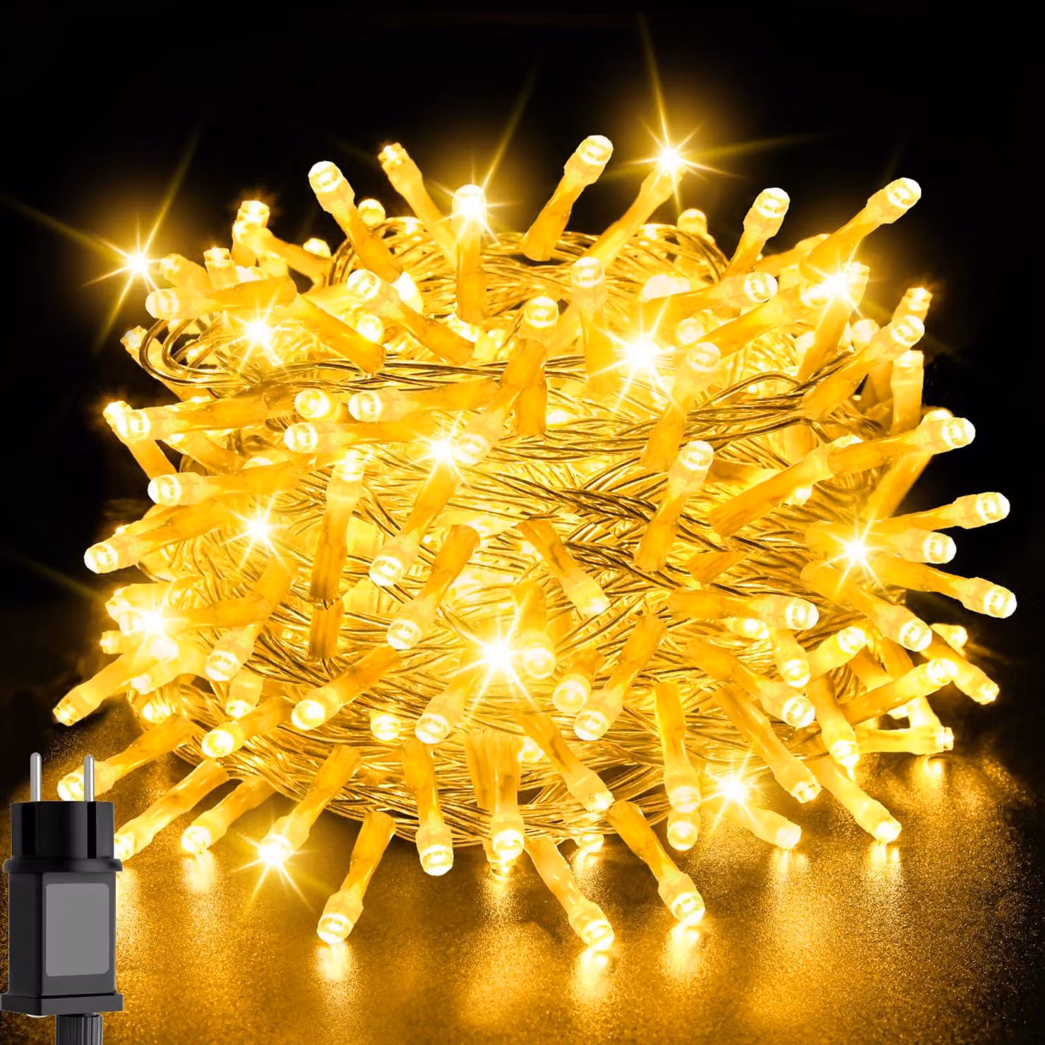 Catena luminosa da 20 metri, 200 LED, luce bianco caldo, grado di protezione IP44, timer, 8 modalità