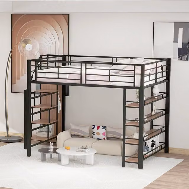 Letto per bambini con telaio in metallo - Xylo - 140x200 cm - Nero - Con ripostiglio e armadio