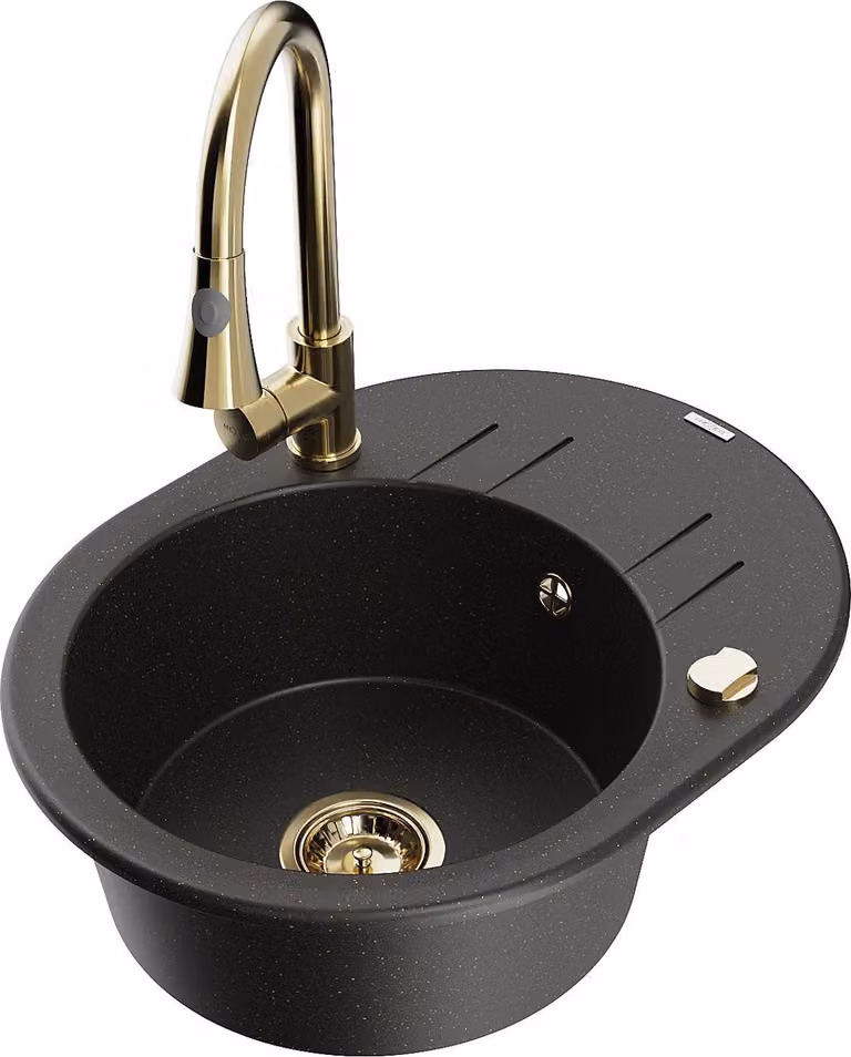 Mexen Kevin lavello da cucina in granito a 1 vasca con scolapiatti e rubinetto Elia, nero/oro metallizzato - 6517-75-670101-50