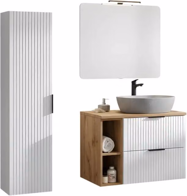 Set da bagno sospeso NOXERA Meublorama con lavabo effetto marmo, mobile vanity, colonna, specchio con illuminazione LED e contenitori, bianco e grigio