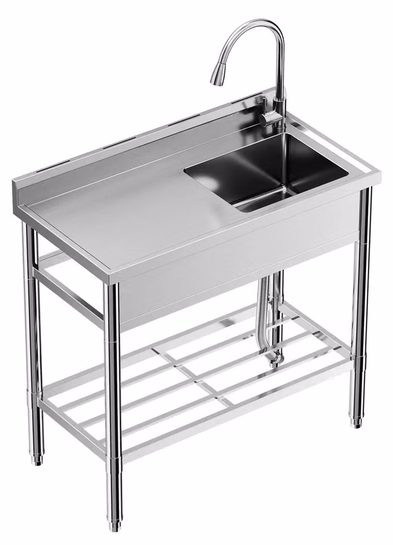 Lavelli industriali in acciaio inossidabile - Lavello singolo freestanding, dimensioni 99x51x94 cm - Con piano di lavoro - Con rubinetto - 2 fori - NSF - Adatto per cucina e garage