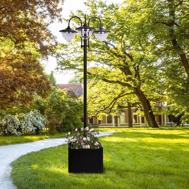 Lampada solare da giardino con 3 paralumi e base portavaso in plastica nera, accensione automatica, H: 189 cm, L: 60 cm, P: 55 cm