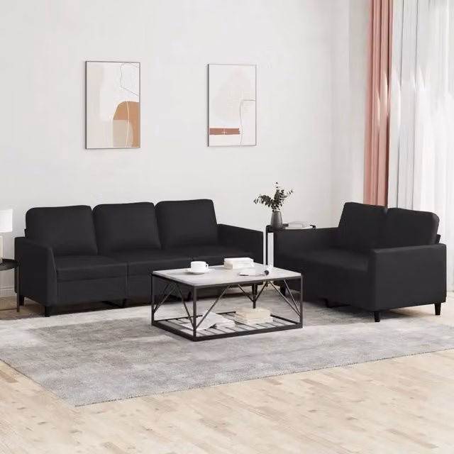 Set di divani vidaXL da soggiorno in similpelle nera con cuscini, composto da un divano a 2 posti e un divano a 3 posti, design moderno