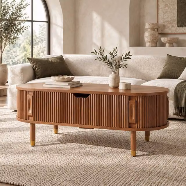 Tavolino da salotto ovale con piano elevabile, 2 ante scorrevoli e vani contenitore, in MDF noce, 110 × 48 × 57 cm