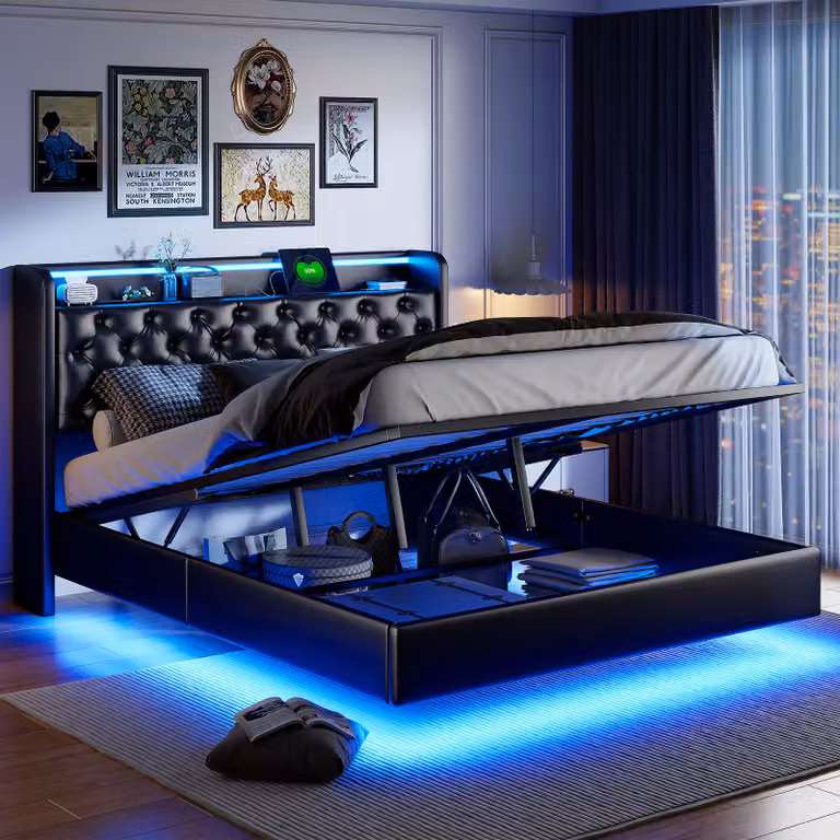 Letto matrimoniale imbottito idraulico Fortuna Lai 140x200 cm con contenitore, illuminazione LED, stazione di ricarica USB e testata - Letto funzionale senza materasso