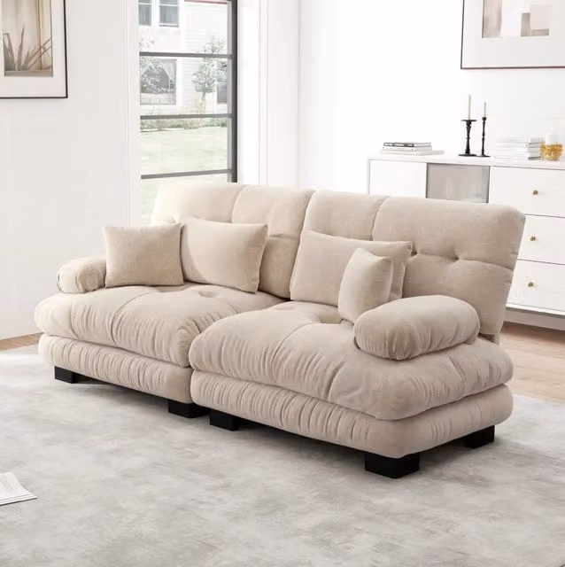 Divano modulare 220x77x81 cm in ciniglia color caffè chiaro con cuscini lombari e decorativi