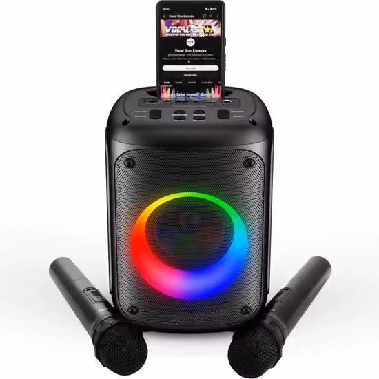 Impianto di karaoke con altoparlante Bluetooth da 60W ricaricabile nero con 2 microfoni e funzione registrazione e connessione TV