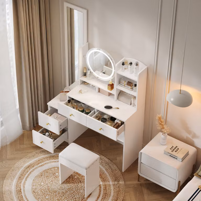 STILVORA Tavolino da trucco e da toeletta 4 in 1 con specchio a figura intera, specchio da tavolo e sgabello, illuminazione a LED a 3 colori, bianco