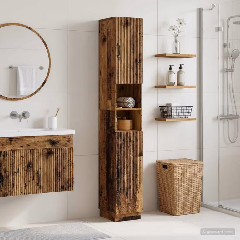 vidaXL Armadio da Bagno HOORN in Legno Antico Marrone con Ripiano Aperto e Ante a Battente