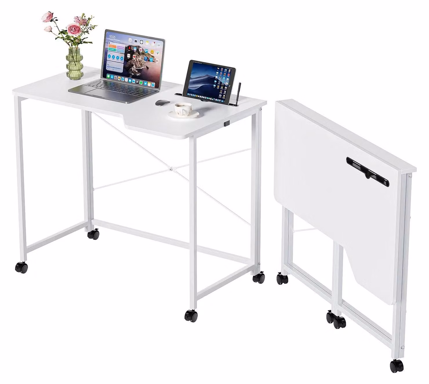 Scrivania pieghevole su ruote - Scrivania per computer 90x56x75 cm - Legno - Con ruote - Ideale per piccoli spazi e per l'ufficio domestico - Bianco