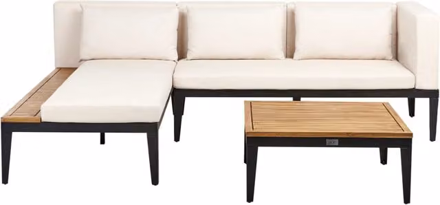 Set di divano angolare da giardino Beliani a 3 posti con tavolino da caffè, struttura in alluminio e legno di acacia con cuscini beige chiaro