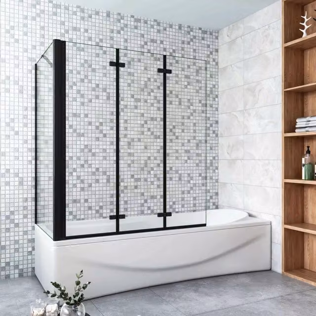 Parete Doccia Per Vasca con Lato Fisso 130x75 cm H.140 cm 3 Ante Movibili Pieghevoli a Libro in Vetro Temperato 6 mm Trasparente Anticalcare Telaio Nero Opaco