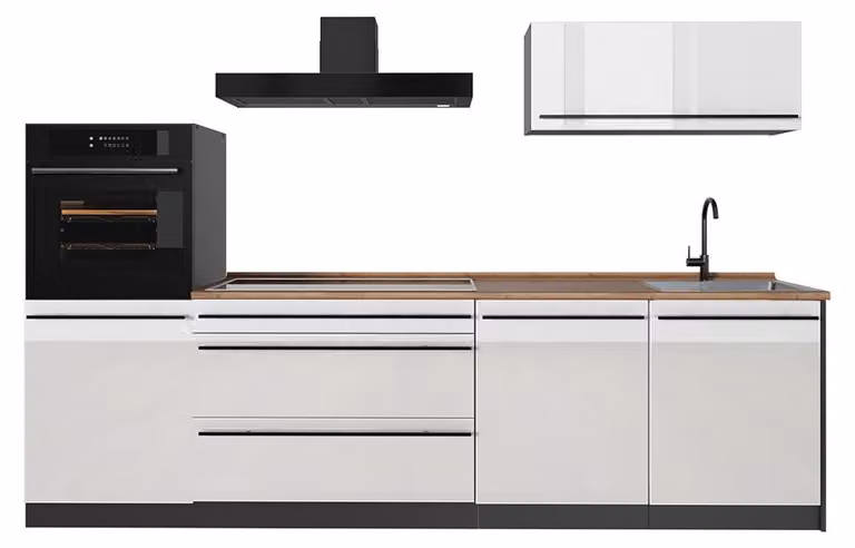 Cucina componibile Vicco R-Line Bianco lucido/Antracite 280 cm piano di lavoro Rovere dorato, Model 66478