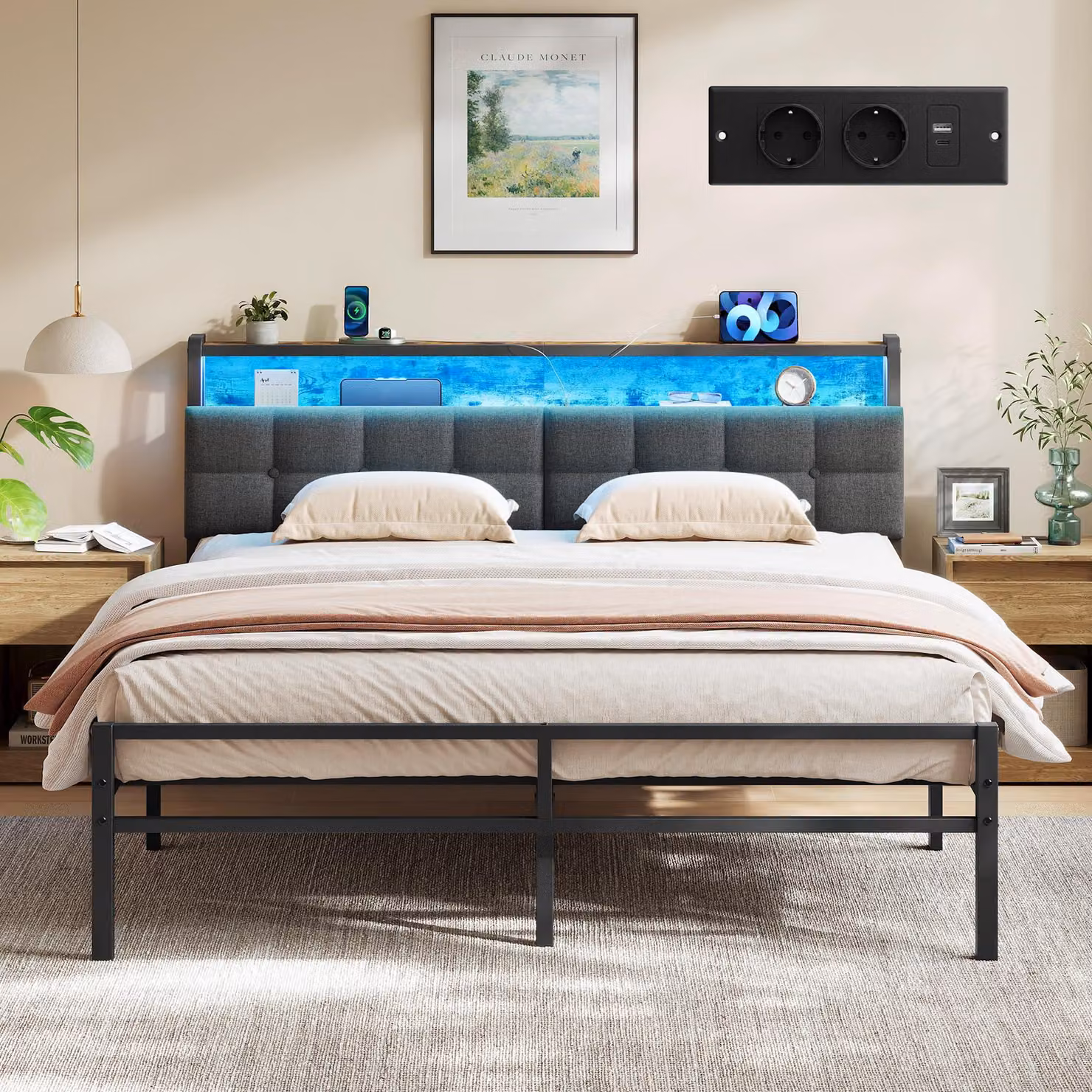 Letto in metallo VASAGLE, 160 x 200 cm, con testiera, spazio contenitivo e illuminazione LED