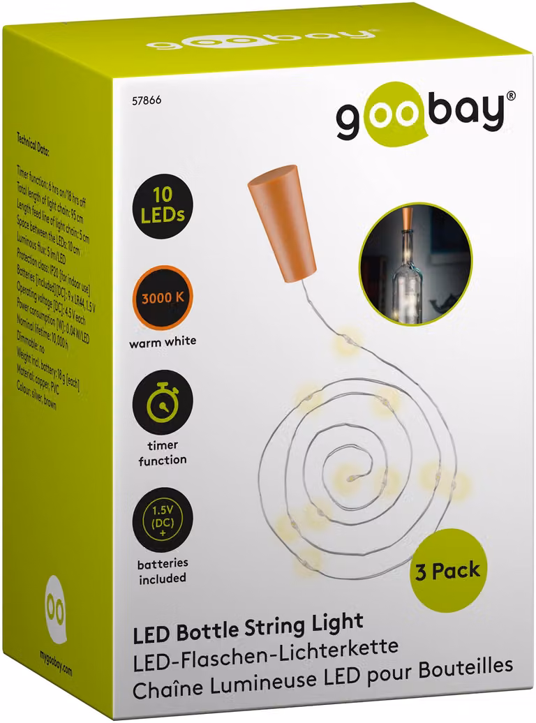 Catena luminosa a forma di bottiglia, set da 3, con 10 LED, lunghezza 1 metro, timer, luce bianco caldo, trasparente