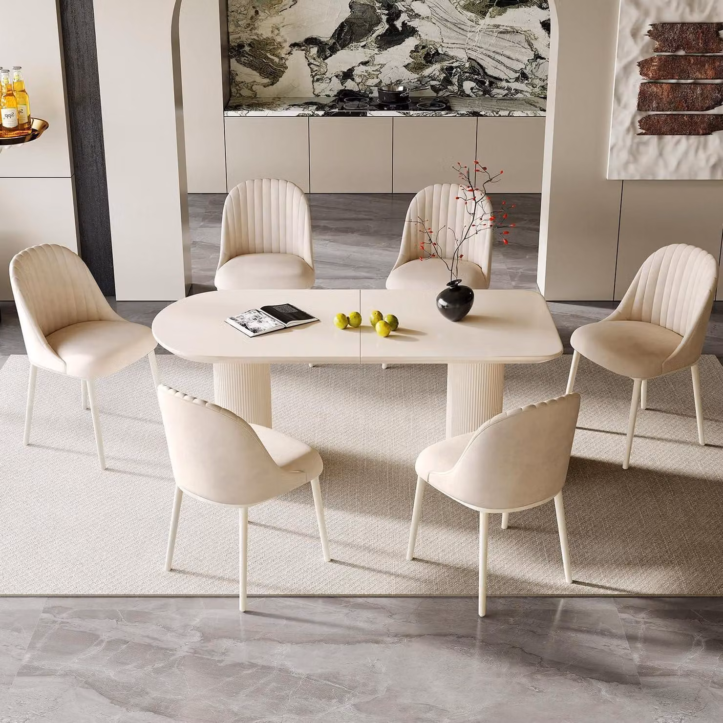 Tavolo da pranzo con 6 sedie, colore bianco, dimensioni 180 cm. Design minimalista. Sedie imbottite