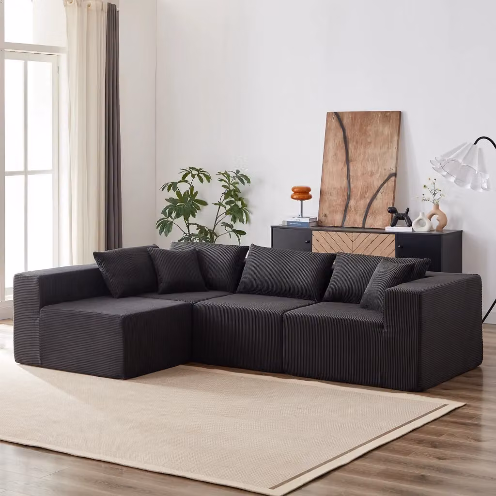 Divano angolare modulare a L Mivray in velluto a coste nero con seduta extra ampia per soggiorno e camera da letto – 2