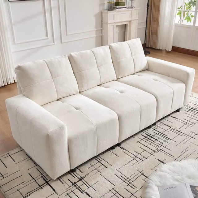Divano letto Mivray a 3 posti in tessuto beige e bianco con schienale e profondità seduta regolabili