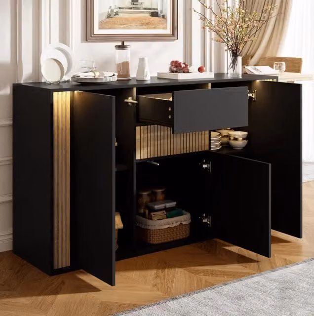 Credenza nera con venatura naturale del legno, 3 ante, 1 cassetto, con illuminazione LED regolabile, 140×40×82 cm